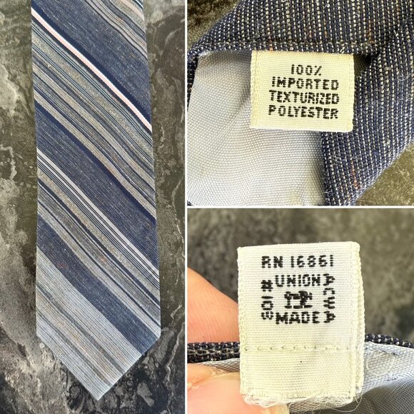 Vintage ACWA Union Made Mens Tie Blue Striped Polyester 56in L x 3in W Hand Sewn - Picture 4 of 5